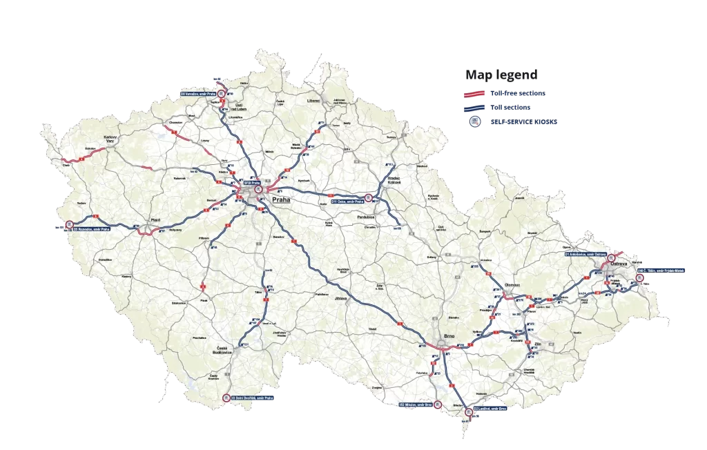 Map of toll sections and self-service kiosks, Czech Republic