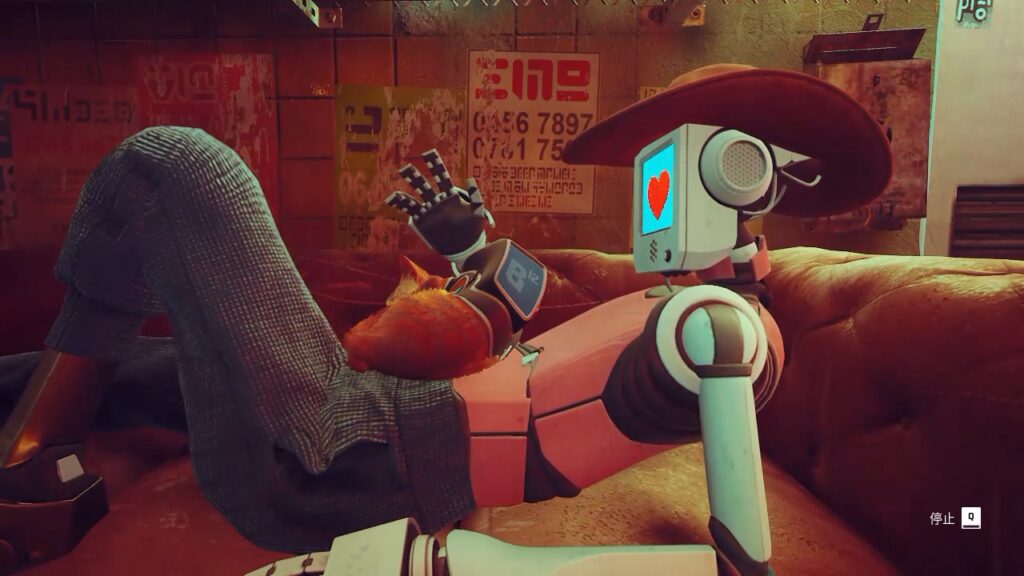 浪貓遊戲截圖,貓咪跳到機器人身上,機器人露出愛心表情